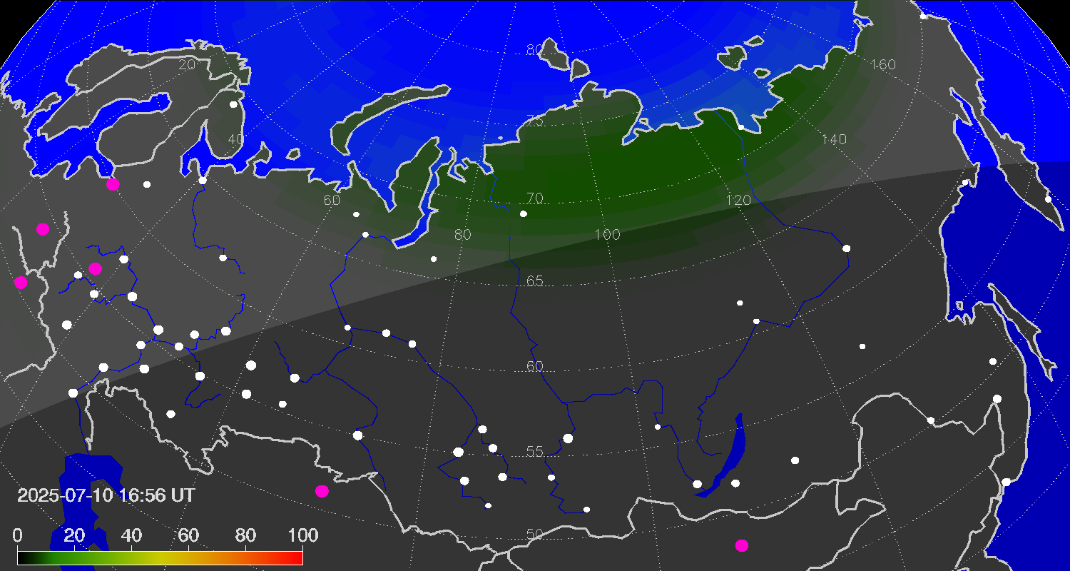 Northern lights (auroras) over Russian Federation