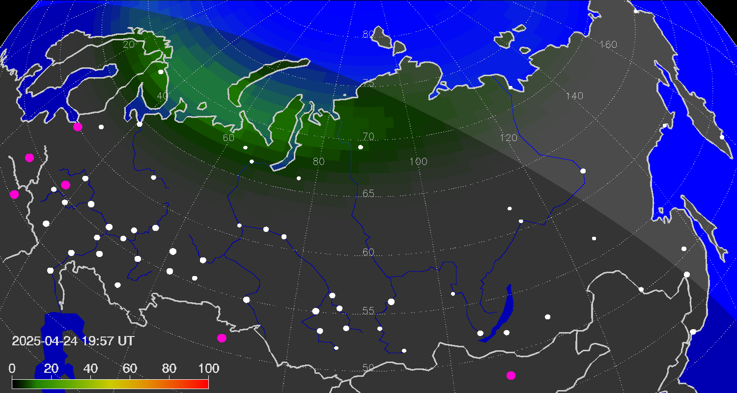 Northern lights (auroras) over Russian Federation
