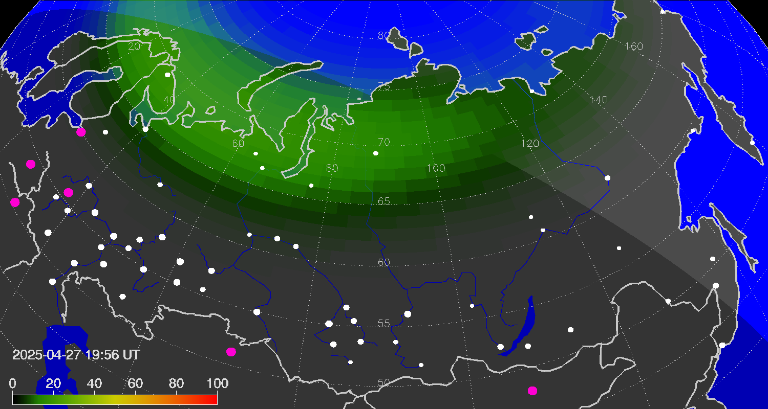 Northern lights (auroras) over Russian Federation