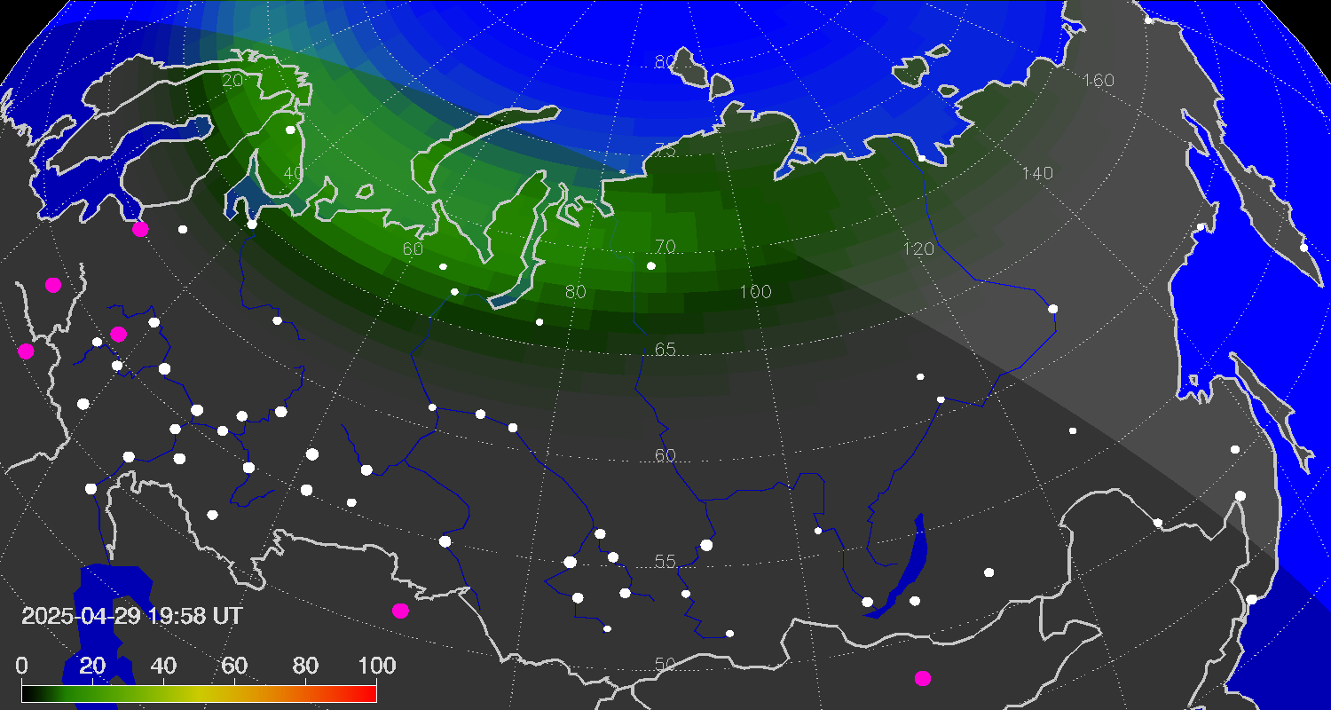 Northern lights (auroras) over Russian Federation