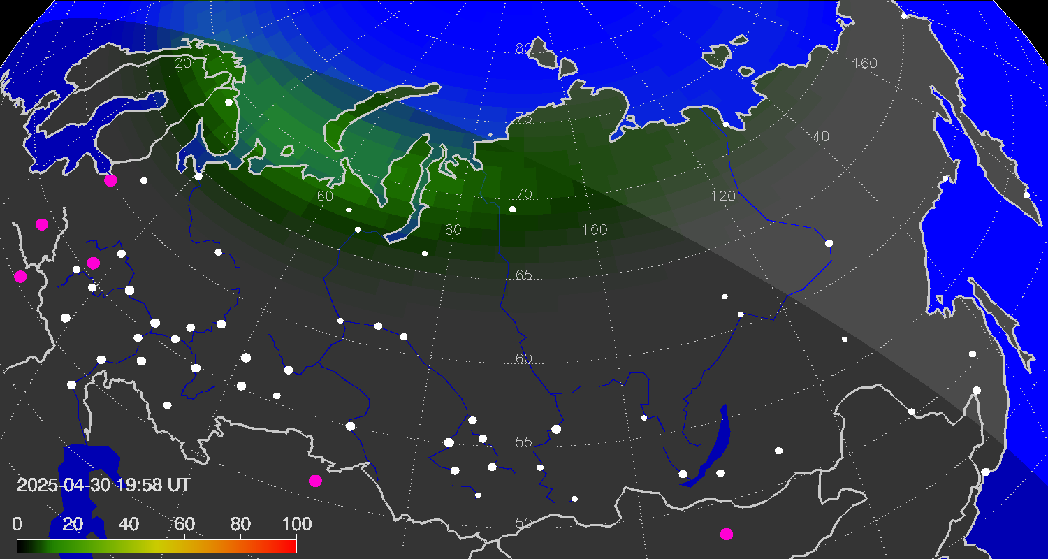 Northern lights (auroras) over Russian Federation