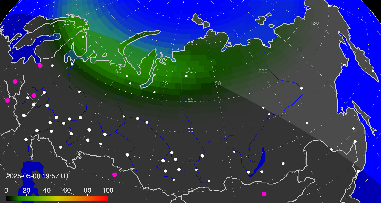 Northern lights (auroras) over Russian Federation