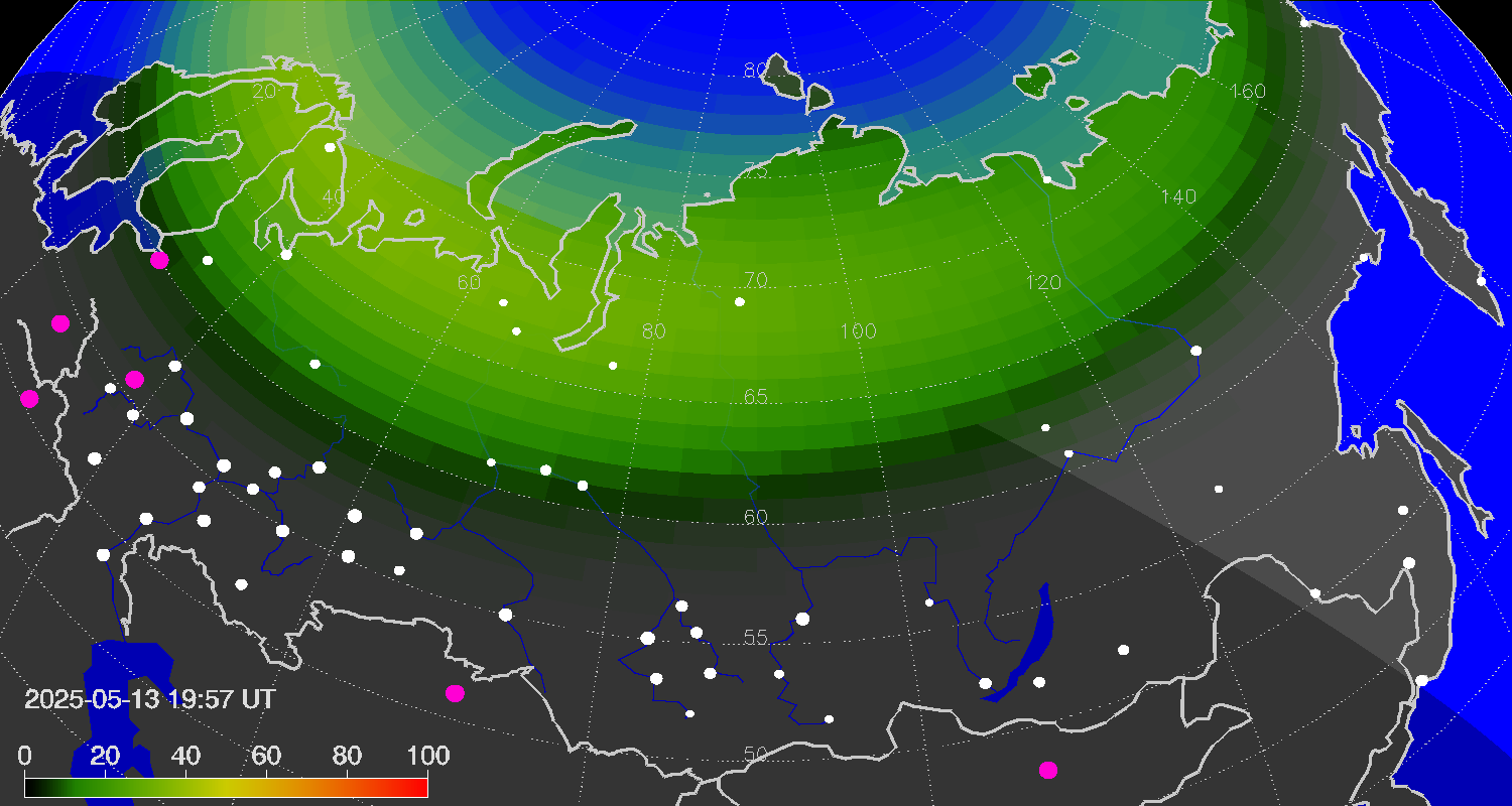 Northern lights (auroras) over Russian Federation