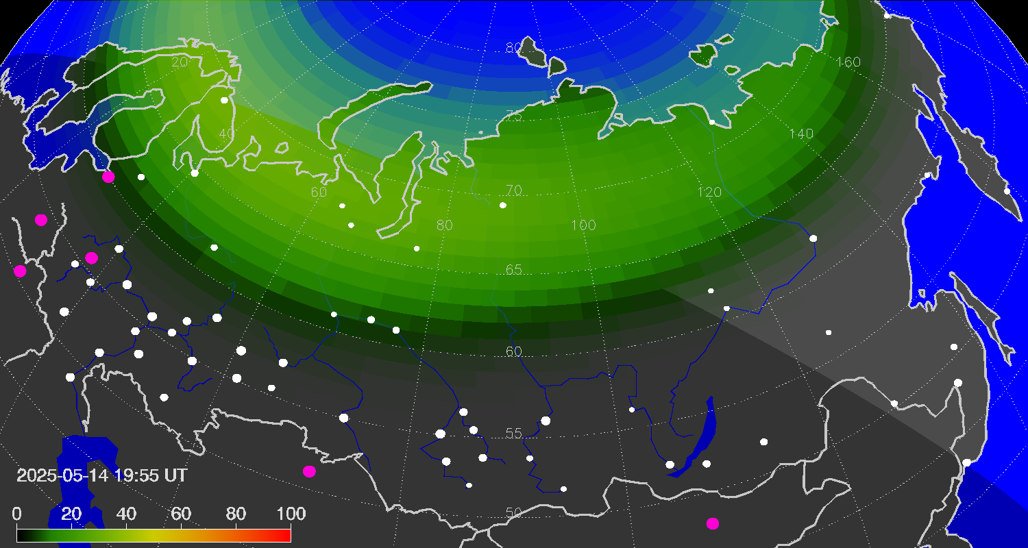 Northern lights (auroras) over Russian Federation
