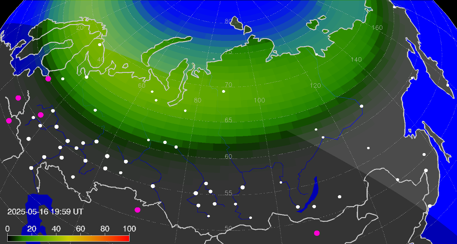 Northern lights (auroras) over Russian Federation