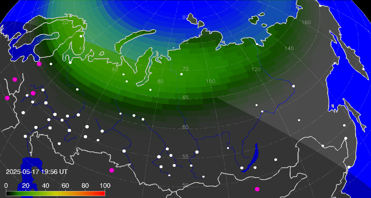 Northern lights (auroras) over Russian Federation