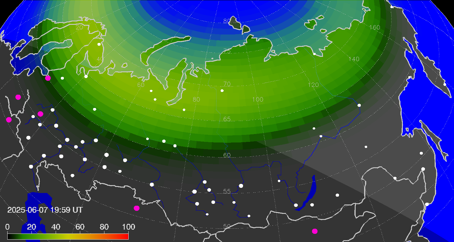 Northern lights (auroras) over Russian Federation