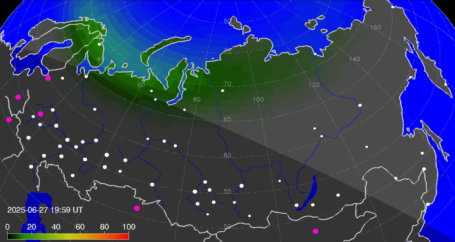 Northern lights (auroras) over Russian Federation