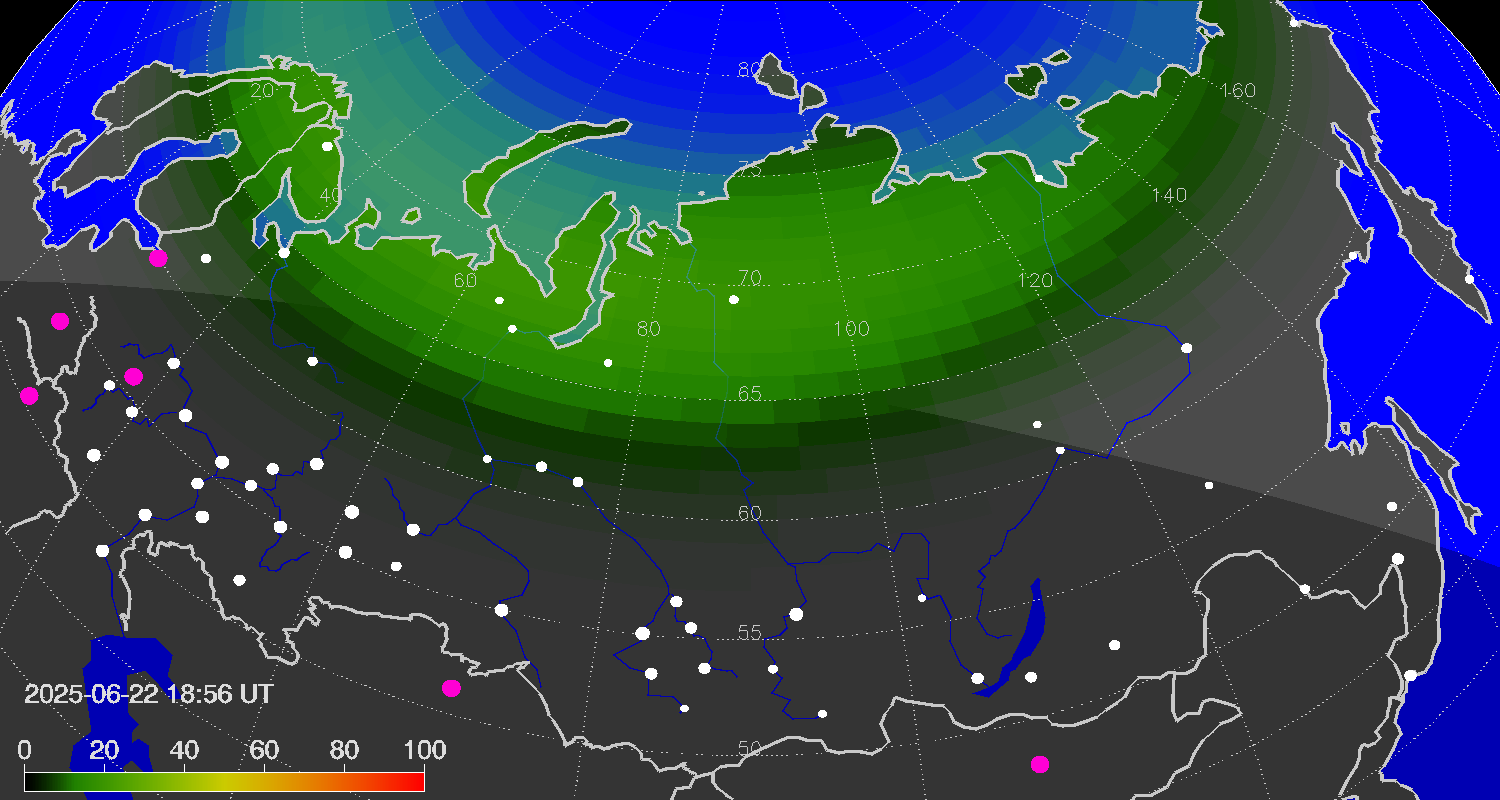 Northern lights (auroras) over Russian Federation