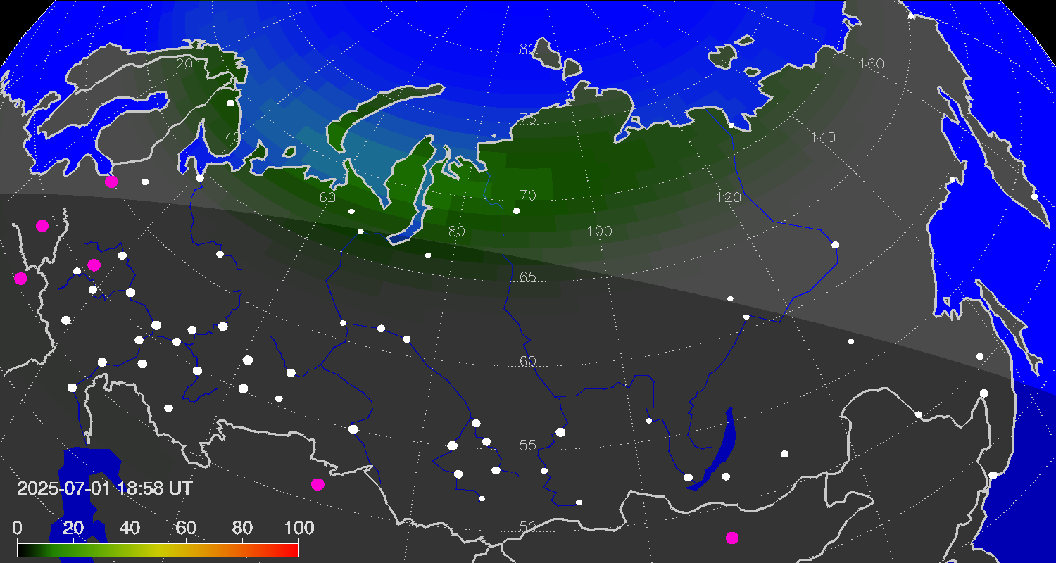Northern lights (auroras) over Russian Federation