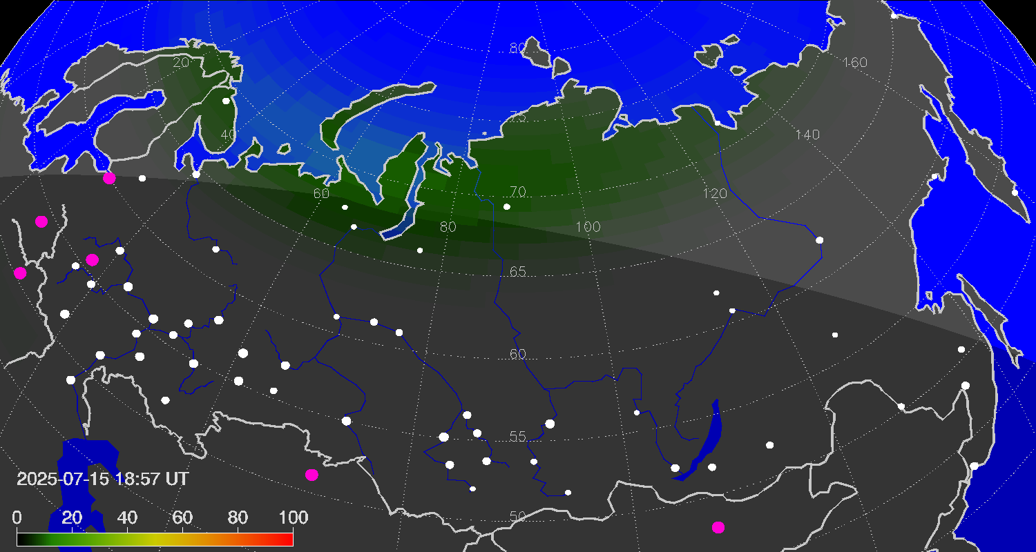 Northern lights (auroras) over Russian Federation
