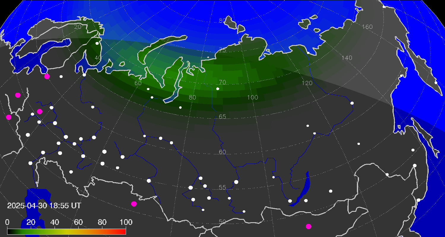 Northern lights (auroras) over Russian Federation