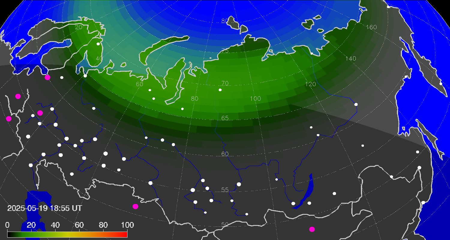 Northern lights (auroras) over Russian Federation