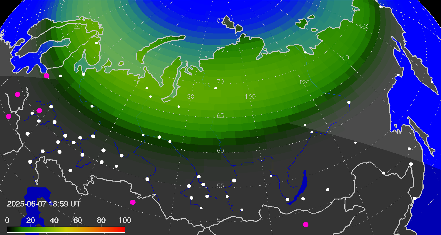 Northern lights (auroras) over Russian Federation