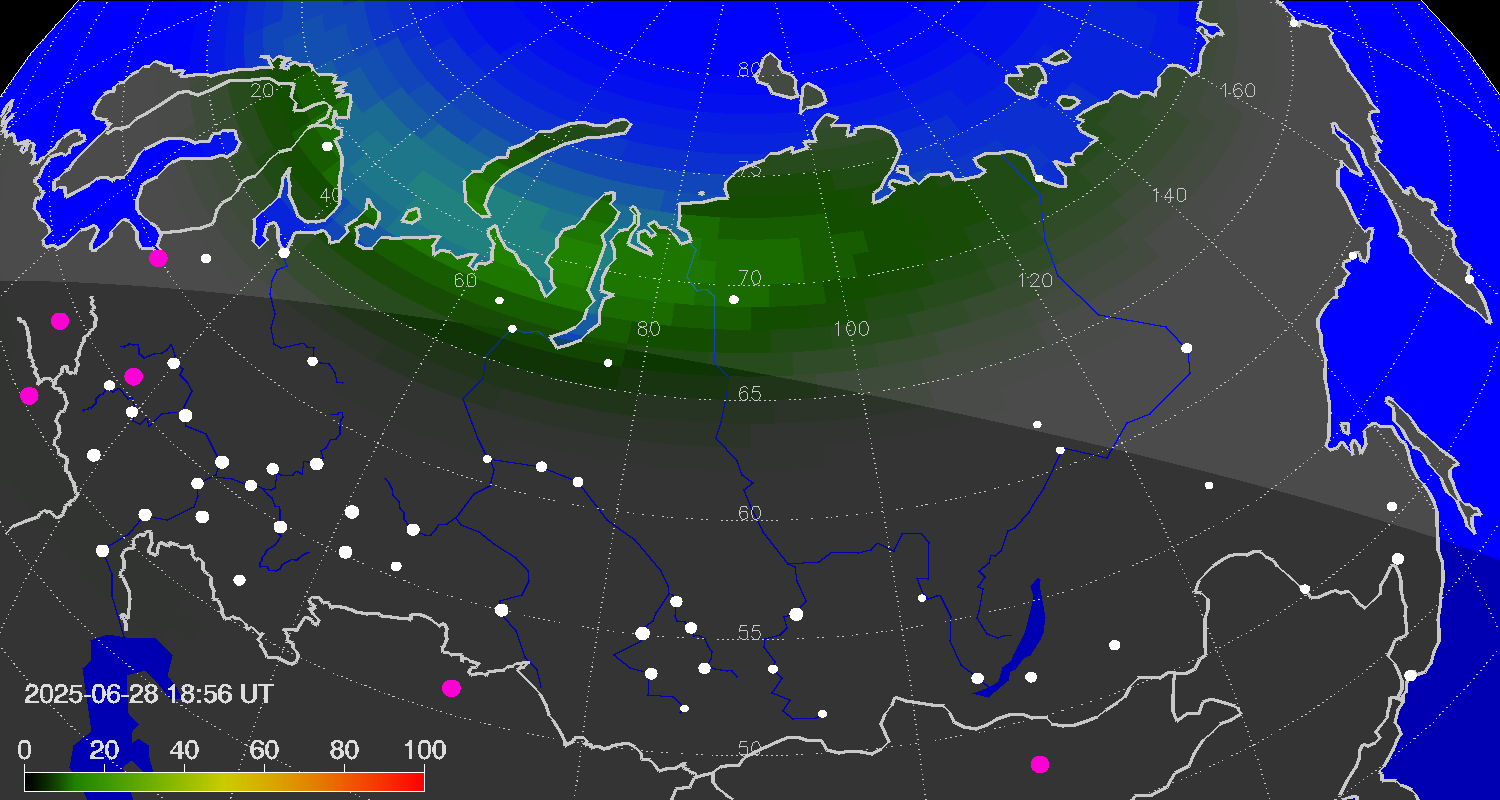 Northern lights (auroras) over Russian Federation