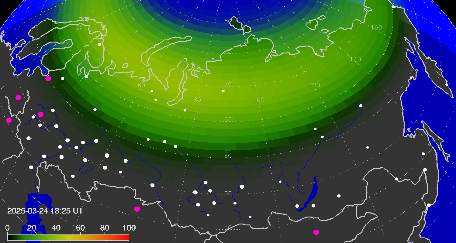 Northern lights (auroras) over the territory of Eurasia