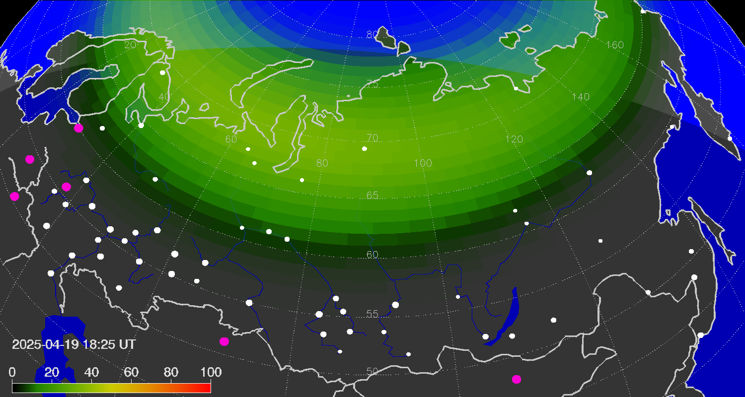 Northern lights (auroras) over the territory of Eurasia