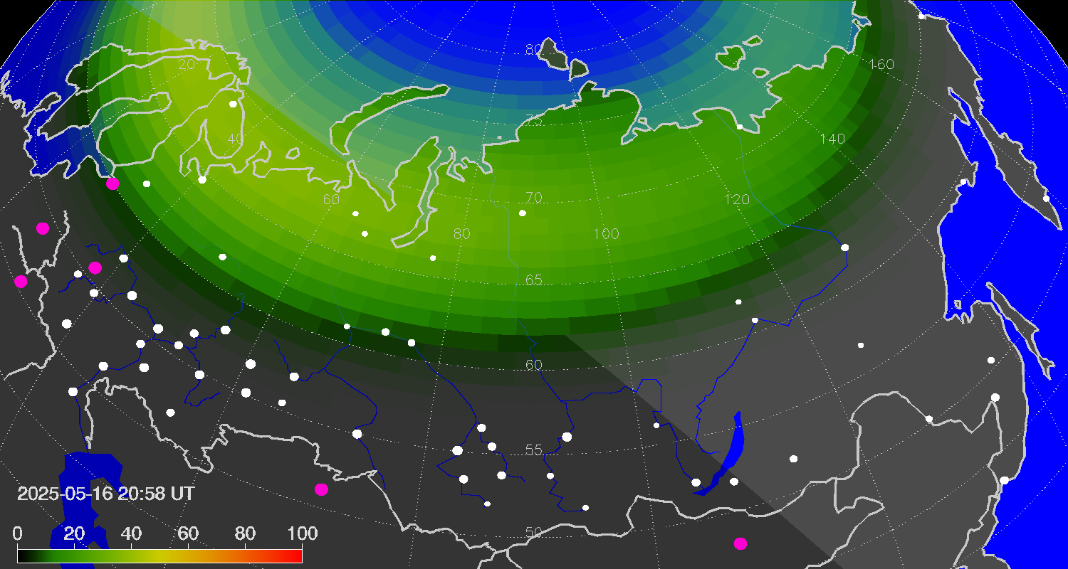 Northern lights (auroras) over Russian Federation