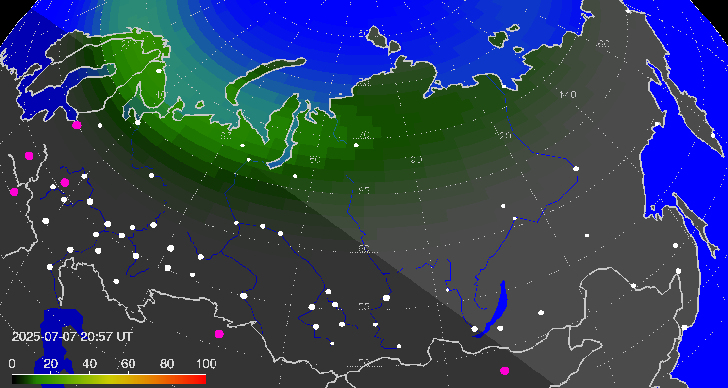 Northern lights (auroras) over Russian Federation
