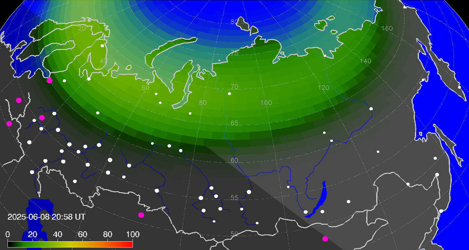 Northern lights (auroras) over Russian Federation
