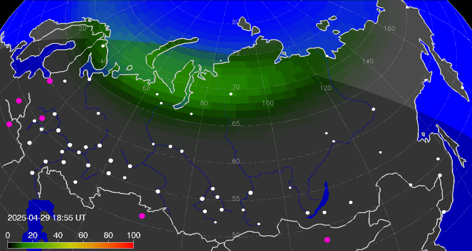 Northern lights (auroras) over Russian Federation