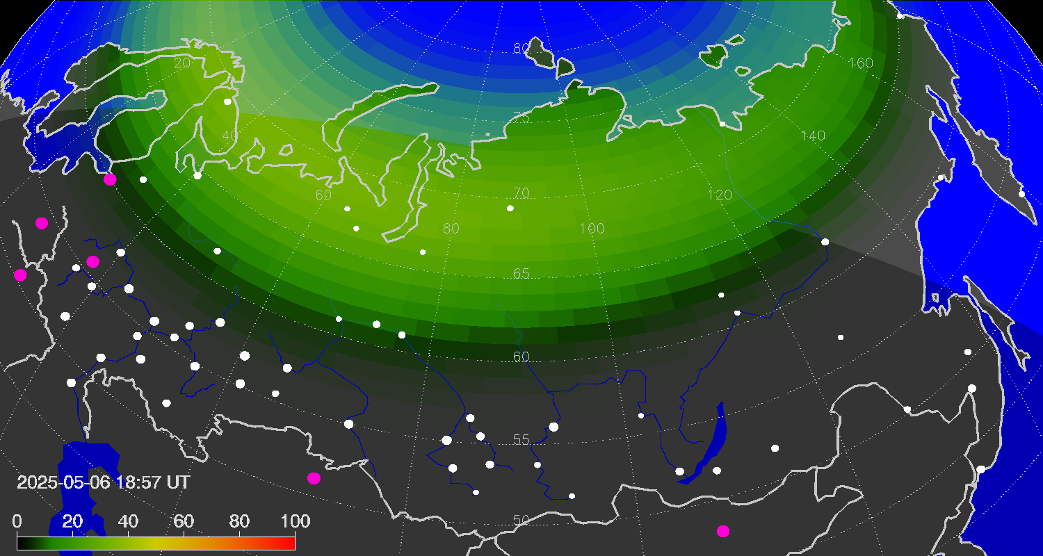 Northern lights (auroras) over Russian Federation