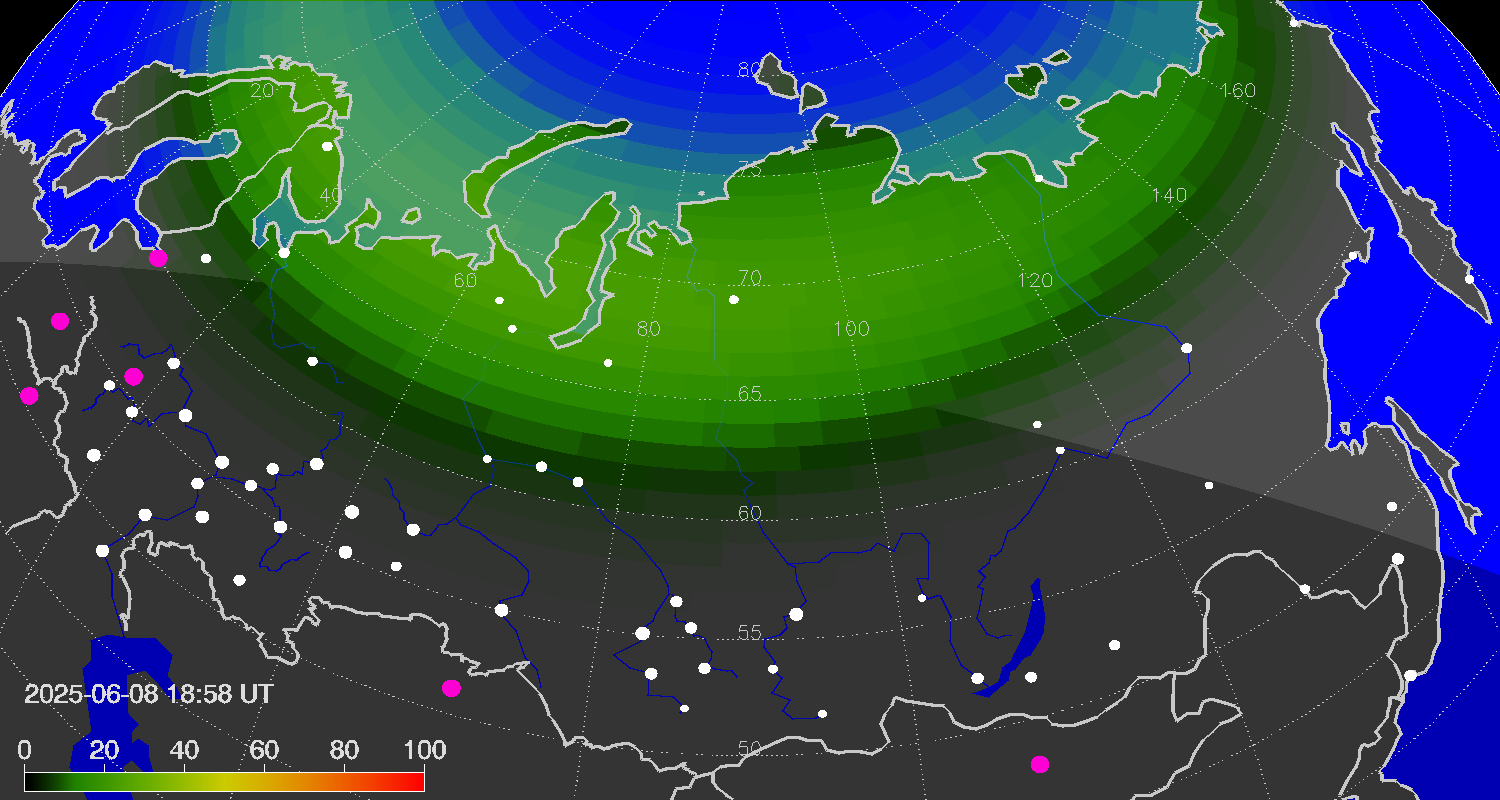 Northern lights (auroras) over Russian Federation