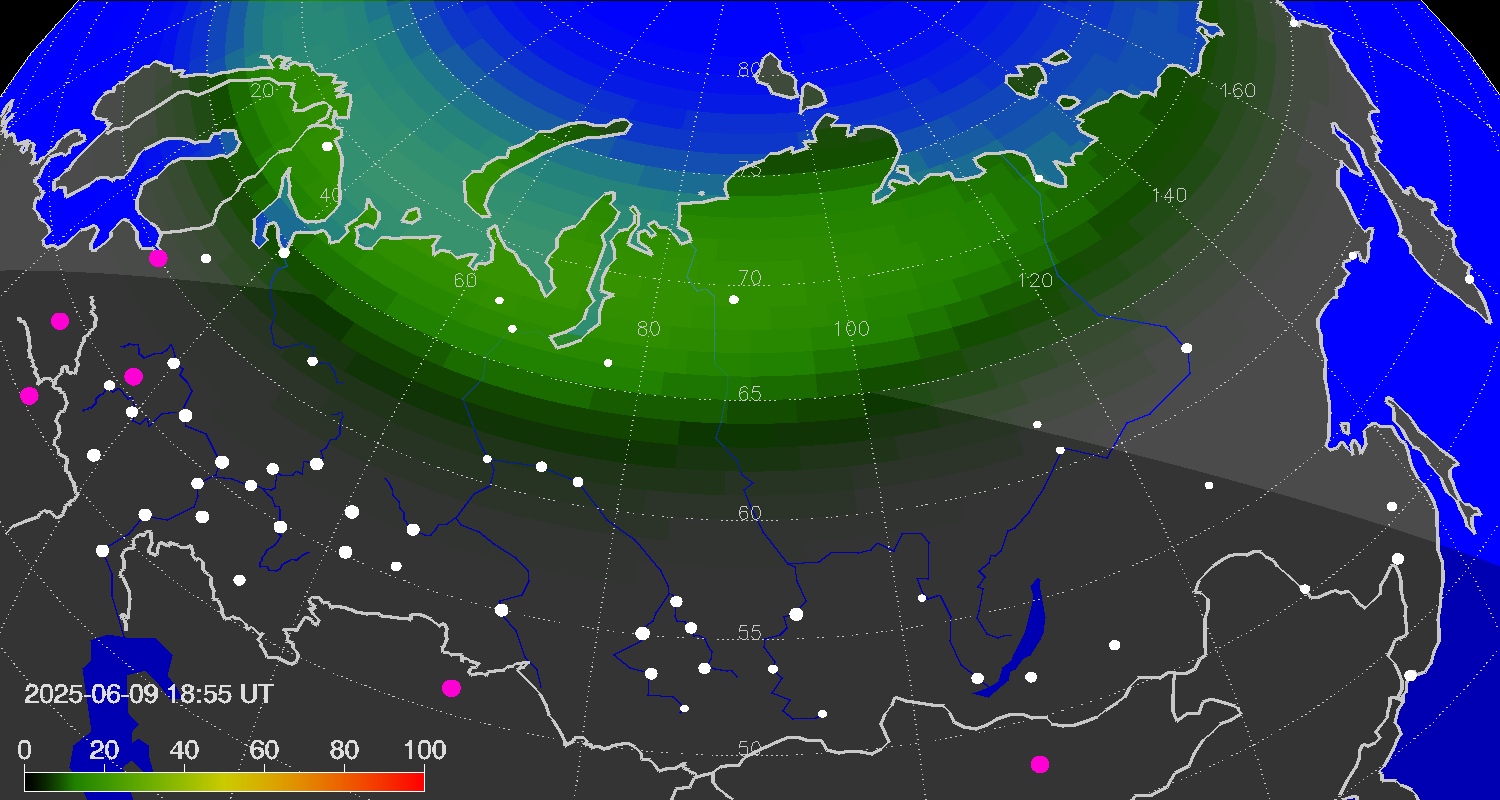 Northern lights (auroras) over Russian Federation