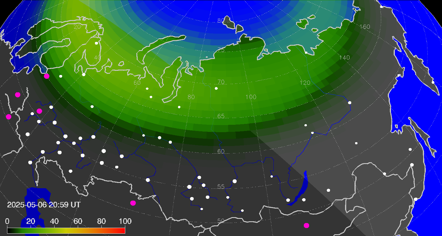 Northern lights (auroras) over Russian Federation