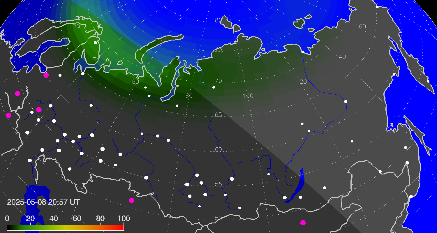 Northern lights (auroras) over Russian Federation