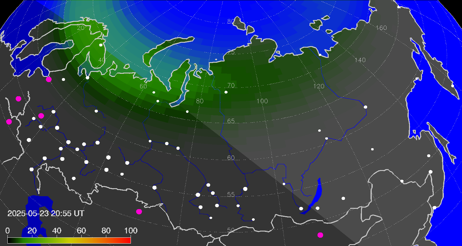 Northern lights (auroras) over Russian Federation
