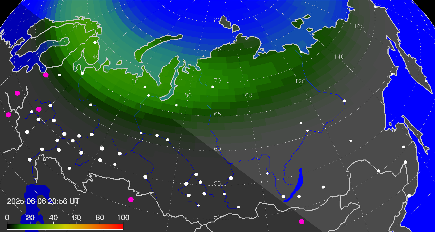 Northern lights (auroras) over Russian Federation
