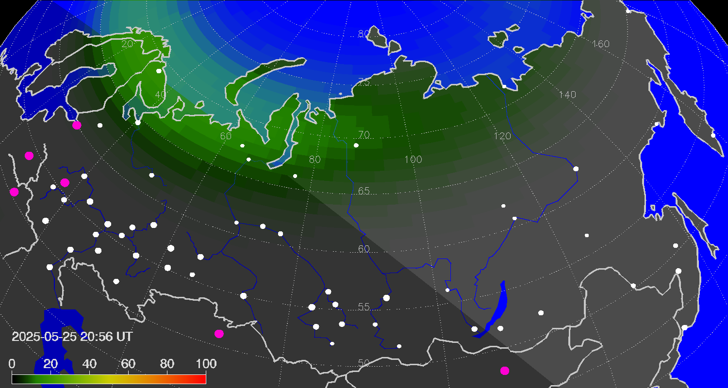 Northern lights (auroras) over Russian Federation