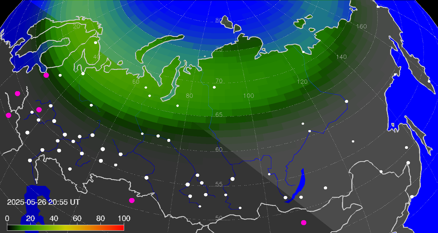 Northern lights (auroras) over Russian Federation