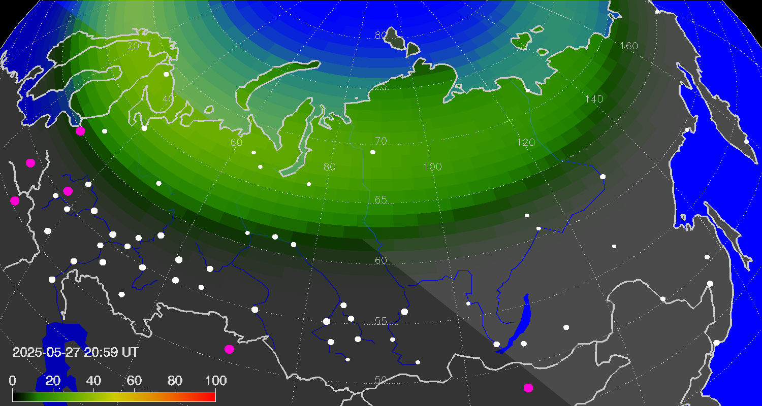Northern lights (auroras) over Russian Federation