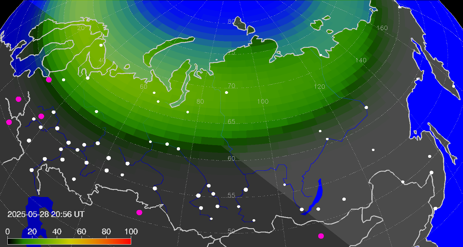Northern lights (auroras) over Russian Federation