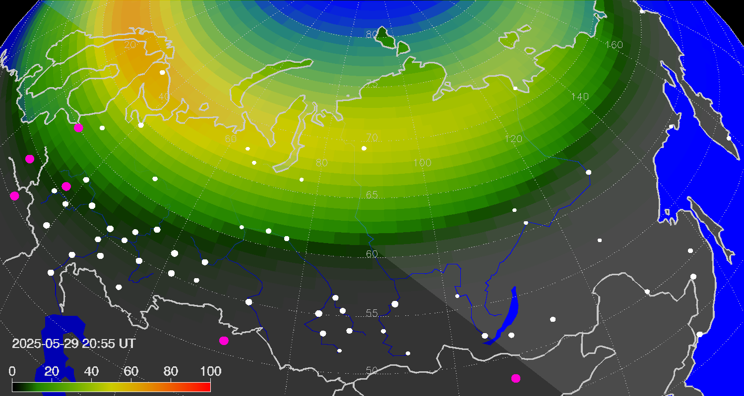 Northern lights (auroras) over Russian Federation