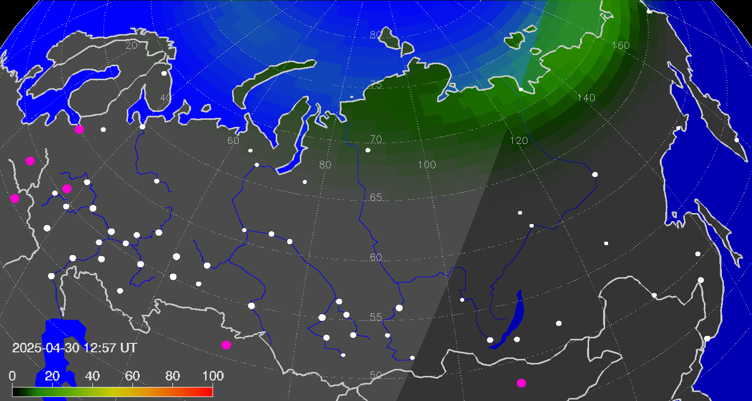 Northern lights (auroras) over Russian Federation