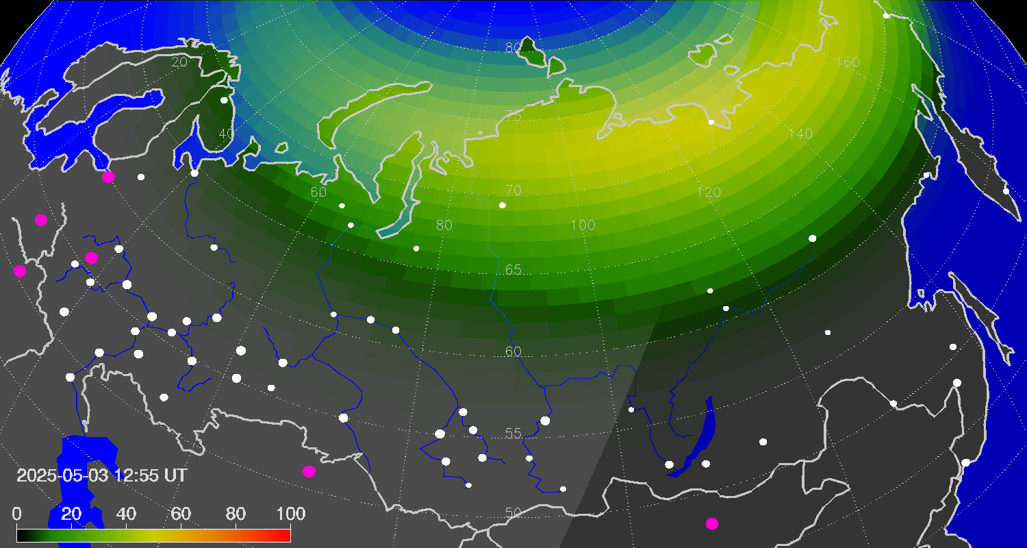 Northern lights (auroras) over Russian Federation