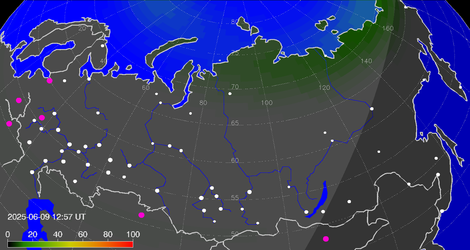 Northern lights (auroras) over Russian Federation