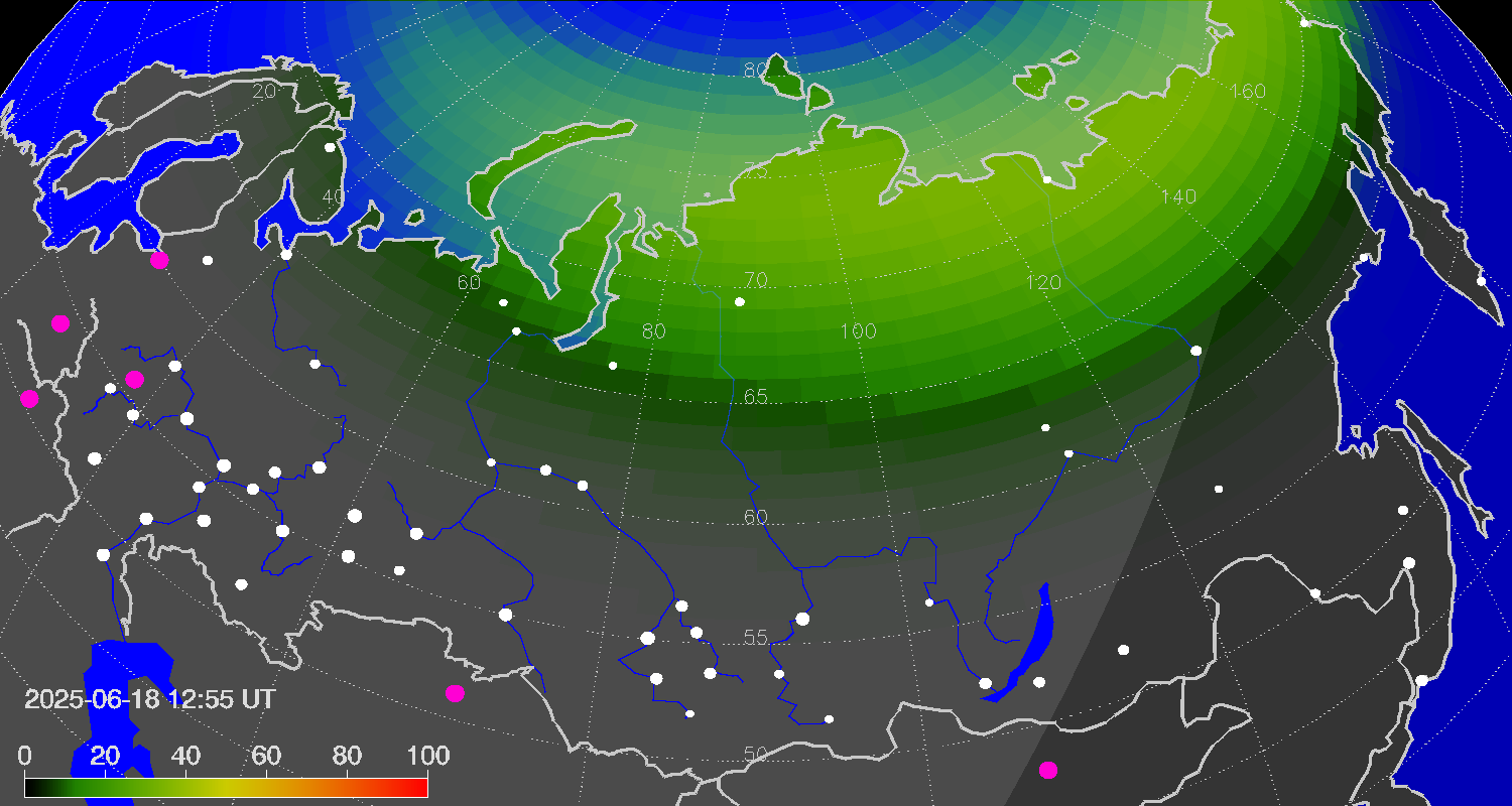 Northern lights (auroras) over Russian Federation