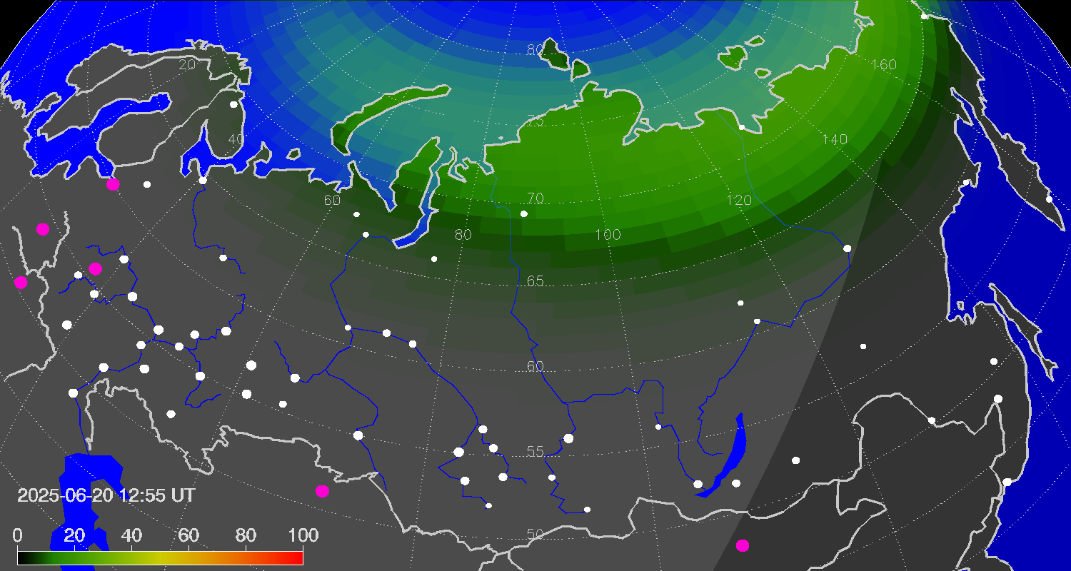 Northern lights (auroras) over Russian Federation