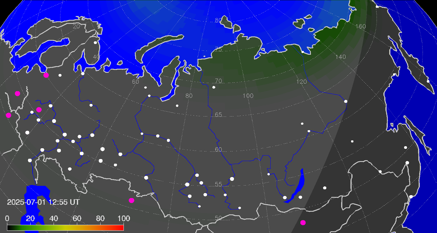 Northern lights (auroras) over Russian Federation