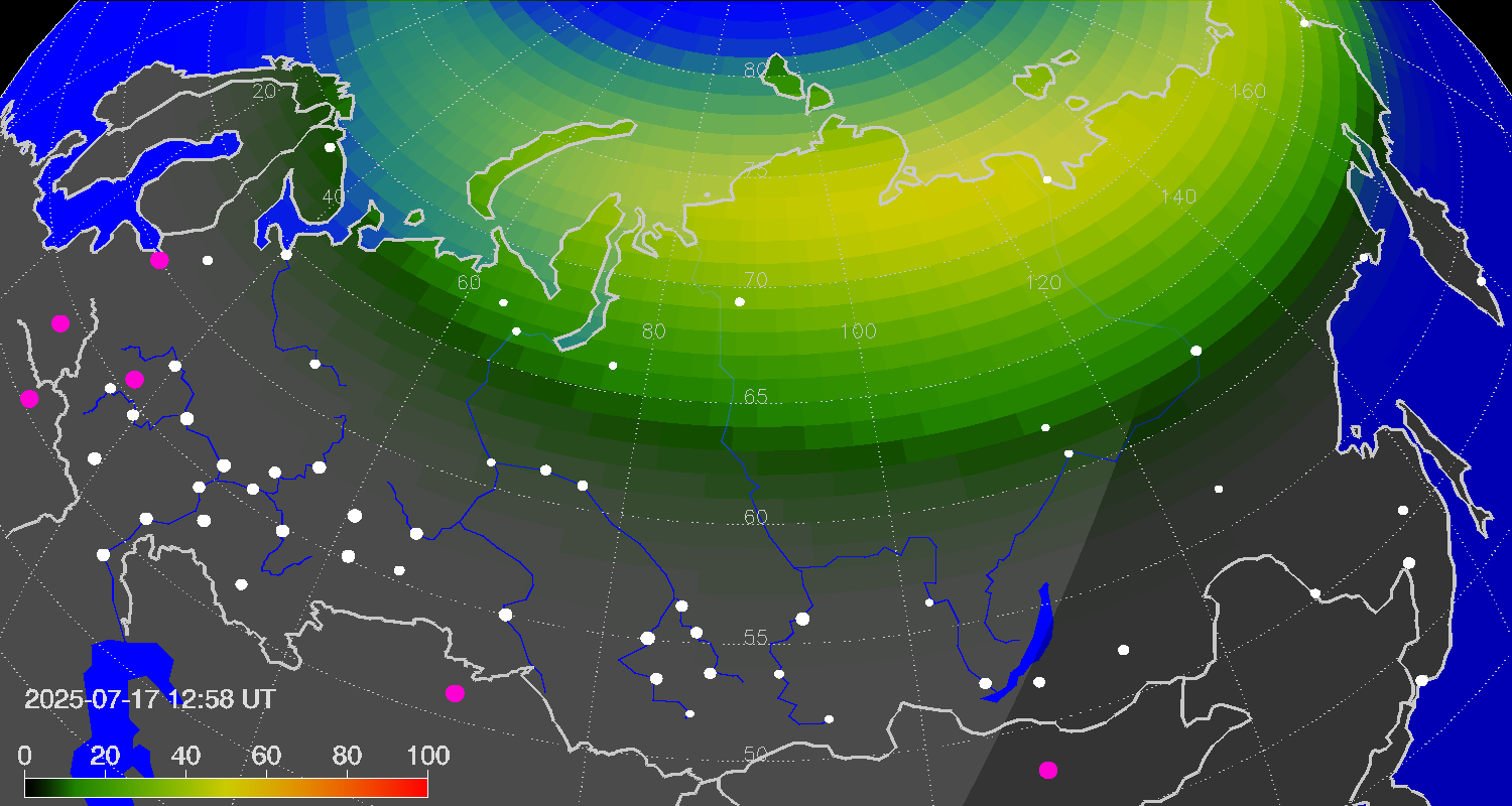 Northern lights (auroras) over Russian Federation
