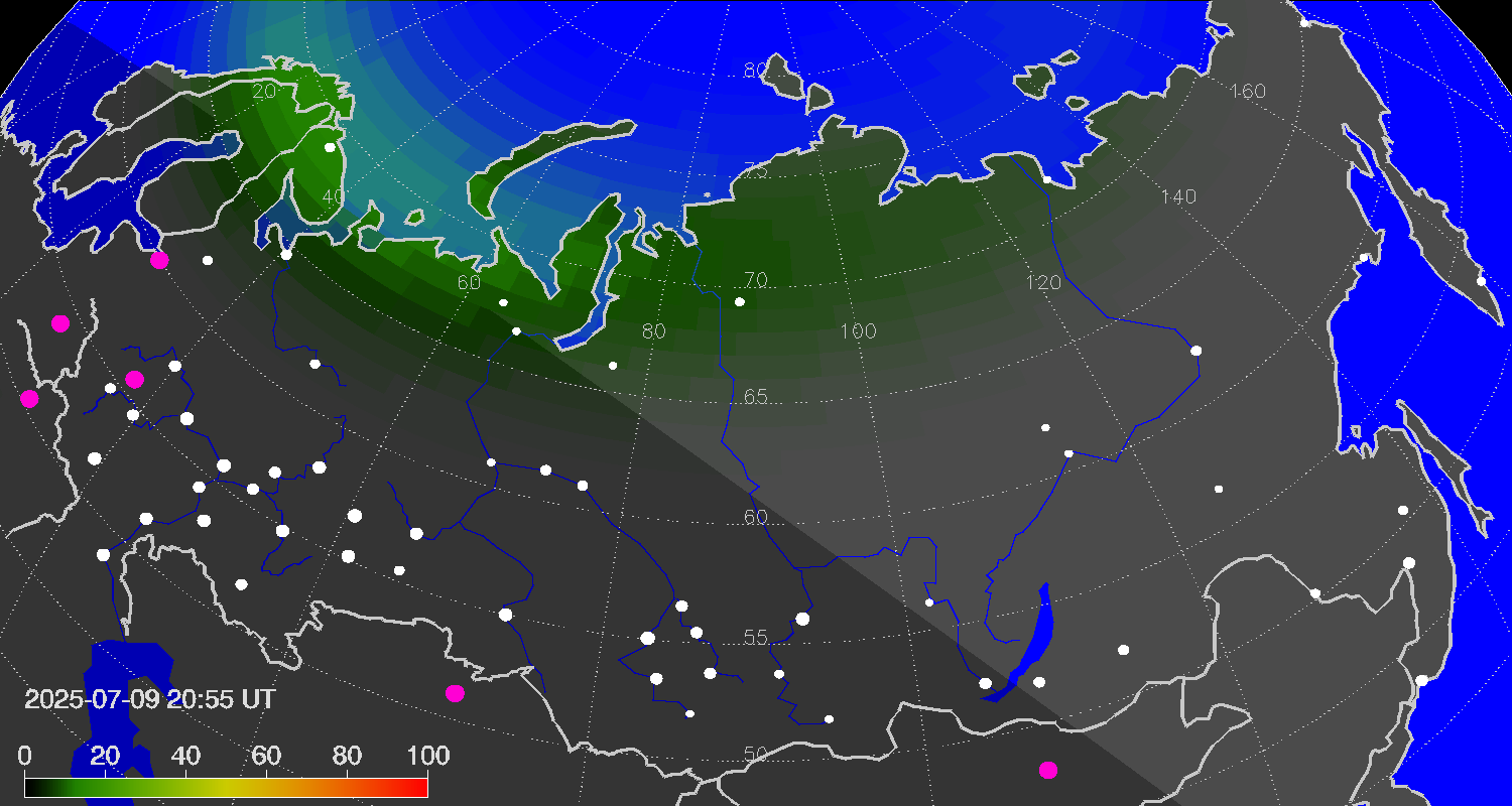 Northern lights (auroras) over Russian Federation