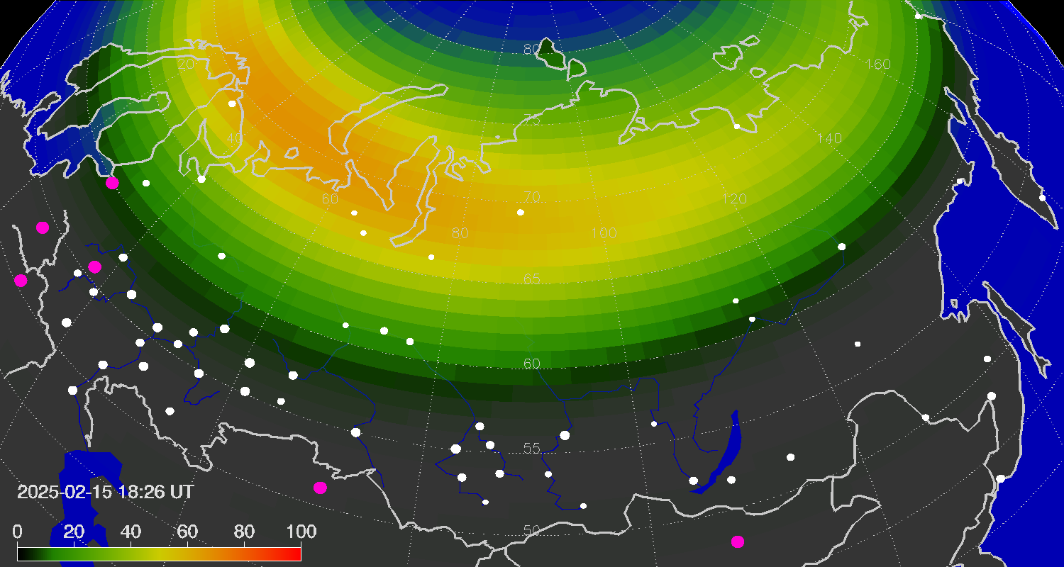 Northern lights (auroras) over the territory of Eurasia