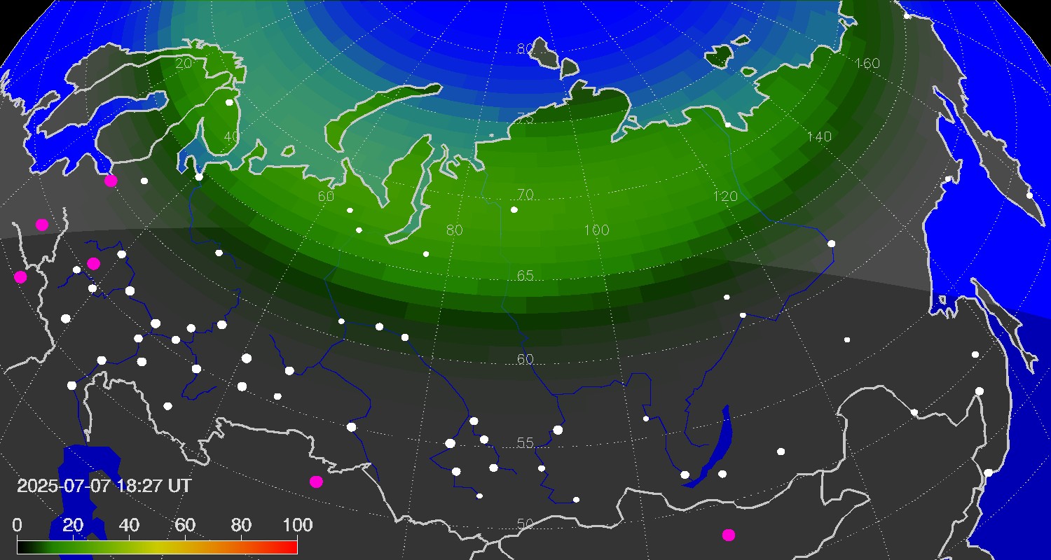 Northern lights (auroras) over the territory of Eurasia