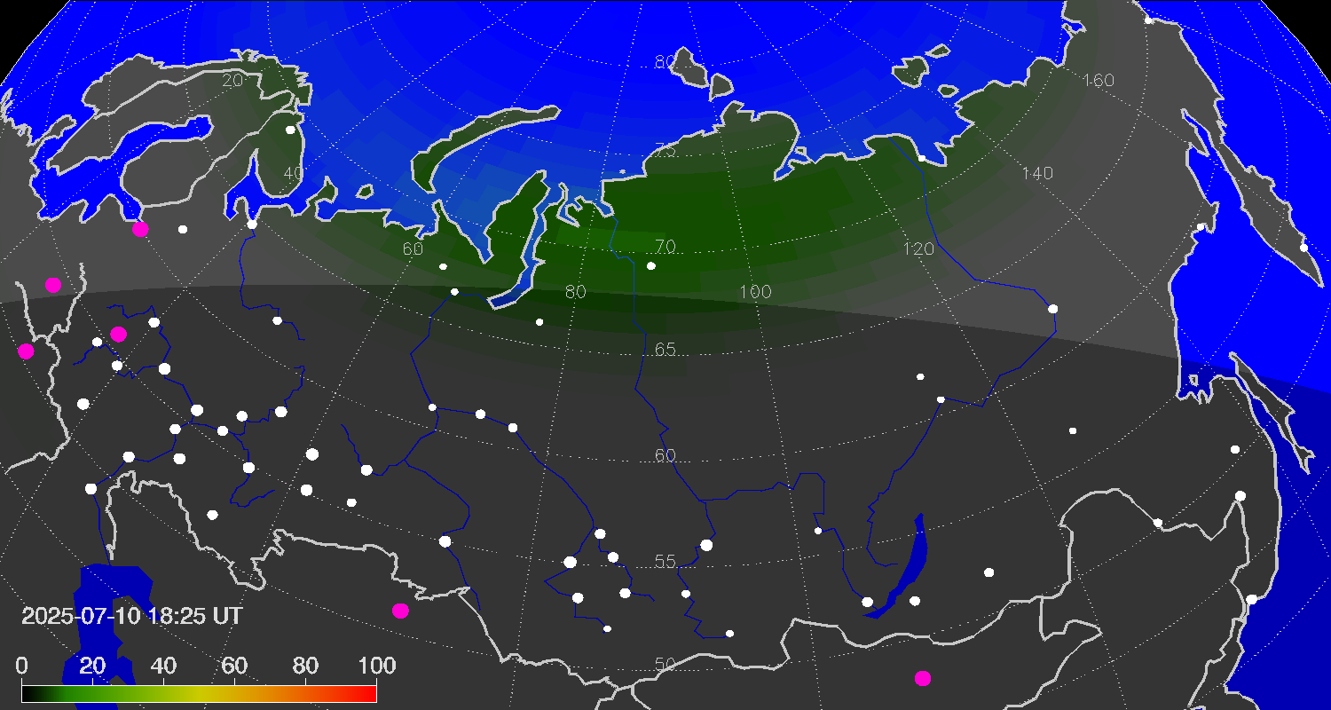 Northern lights (auroras) over the territory of Eurasia