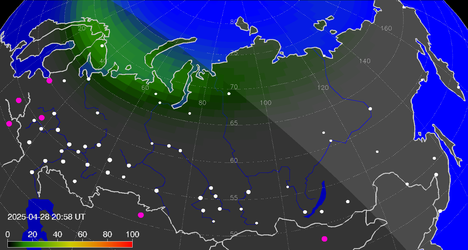 Northern lights (auroras) over Russian Federation