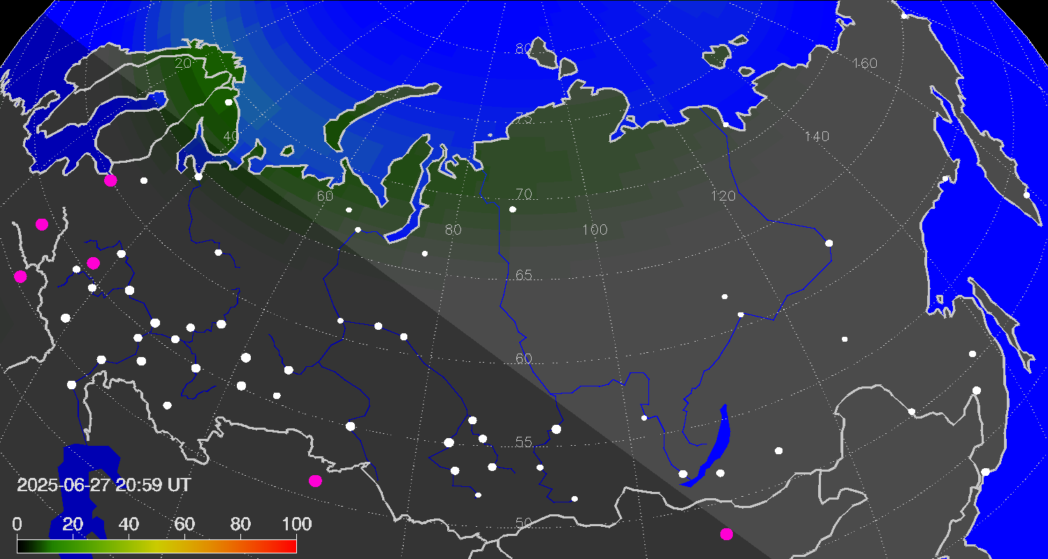 Northern lights (auroras) over Russian Federation